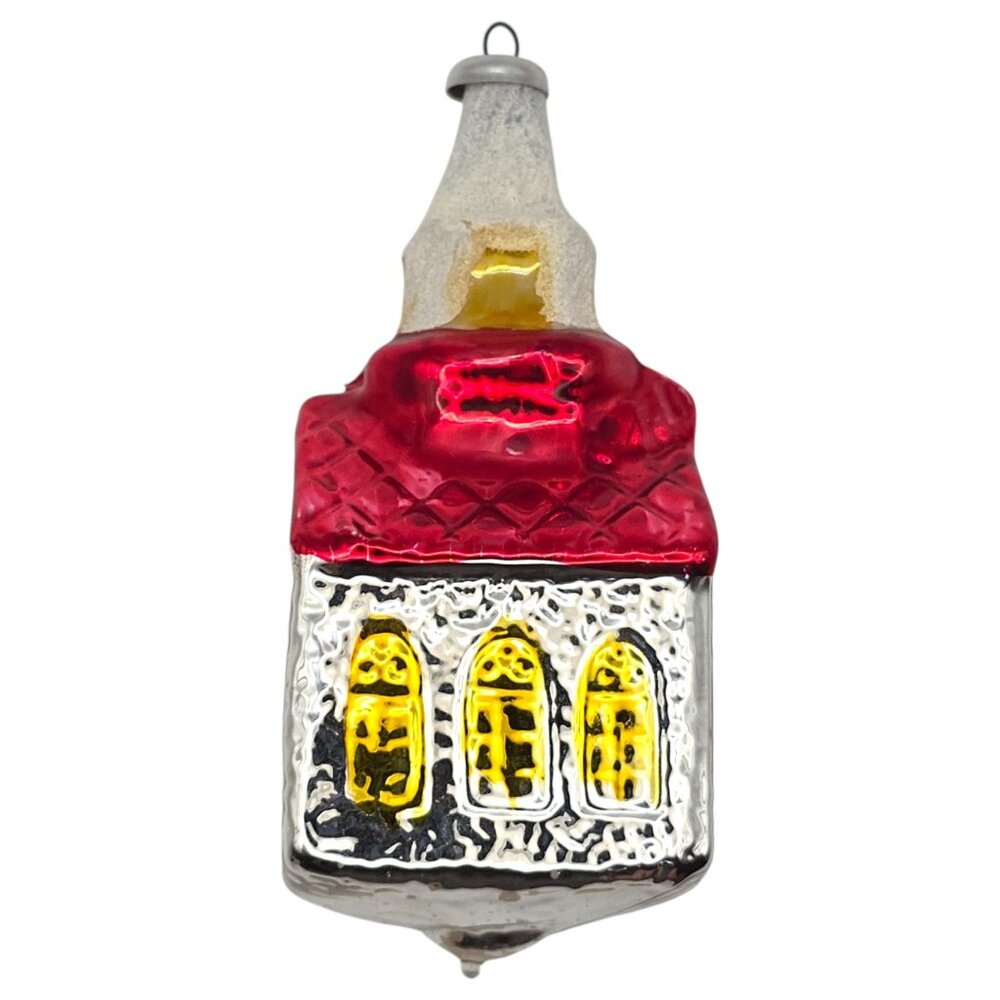 Vintage German Hand-Blown Church Glass Ornament With Red Roof & Yellow Windows